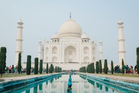 low angle shot of taj mahal mausoleum
